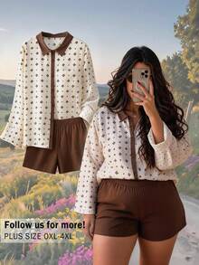 CosyJoli Plus Size 1920 Vintage Commute All-Over Print Shirt And Shorts 2 Pieces Set Floral Embroidered Two Pieces Set For Women Vacation Home Wear Brown Autumn - Coffee Brown - View 4