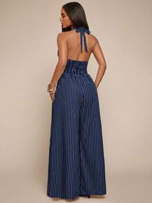 Radiana Plus Size Women's Sexy Elegant Sophisticated Slim Fit Navy Blue Striped Halter Neck Jumpsuit, Suitable For Commuting, Meetings, Office, Siren, Vintage - Navy Blue - View 3