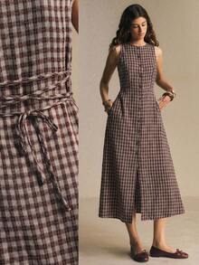 Poéselle Women's Plaid Button-Front Waist-Cinching Slim Fit Long Dress, Commuter Office Wear, Summer Outing Outfit - Coffee Brown - View 1