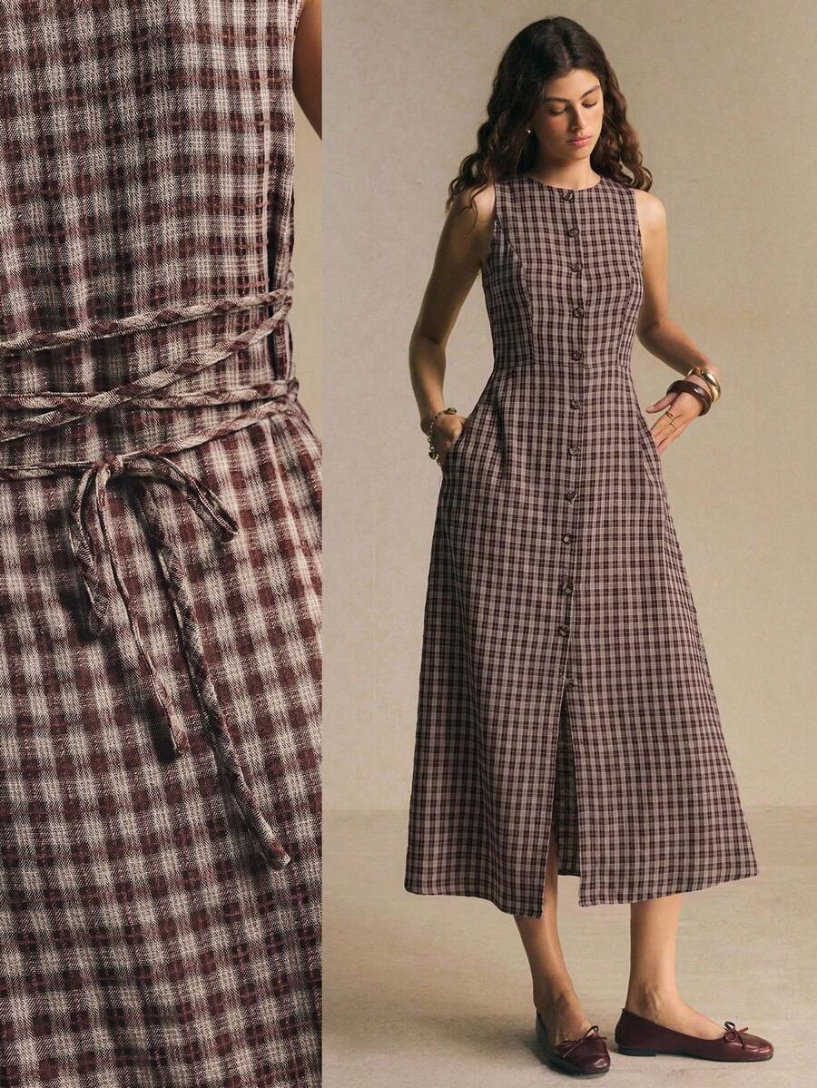 Poéselle Women's Plaid Button-Front Waist-Cinching Slim Fit Long Dress, Commuter Office Wear, Summer Outing Outfit - Coffee Brown - View 1