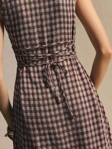 Poéselle Women's Plaid Button-Front Waist-Cinching Slim Fit Long Dress, Commuter Office Wear, Summer Outing Outfit - Coffee Brown - View 5