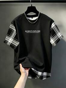 Manfinity Homme Men's Plus Size Fashion Plaid Patchwork T-Shirt - Black - View 1