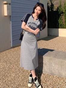 DAZY 女士Y2K休闲时尚街头日常通勤字母印花撞色条纹侧边收腰短袖连衣裙夏季连衣裙 - 灰色 - 查看 2