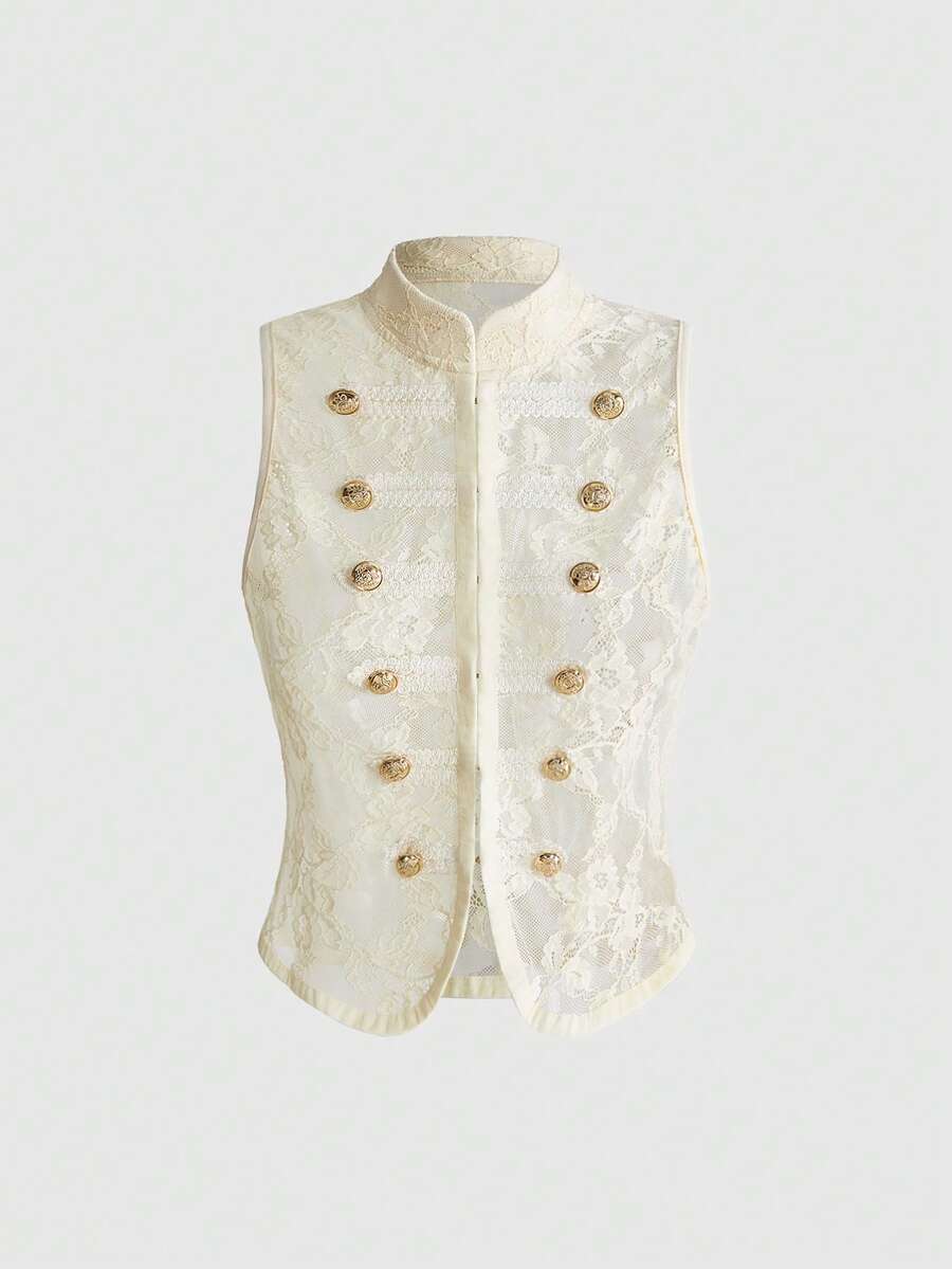 ROMWE Y2K Vintage Stand Collar Sexy Sheer Lace Napoleon Style Women's Tank Top - Apricot - View 1