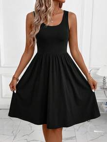 SHEIN Clasi 女款素色百褶休閒日常夏季洋裝 - 黑色 - 查看 7
