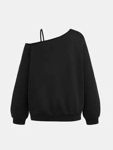 SHEIN Girlism 青少年女孩秋冬街頭風休閒穿搭 Y2K 風格不對稱肩帶鏤空鬆款黑色運動衫 - 黑色 - 查看 2