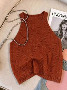 Resyla Women's Solid Color Hollow Design Halter Knit Top - Brown - View 3