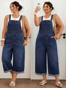 Lounesse Plus Size Dark Wash Denim Capri Overalls, Side Button Detail Cuffed Raw Hem Loose Wide Leg Cropped Jumpsuit,Summer,Fall,Halloween,Back To School,Beach - Blue - View 2