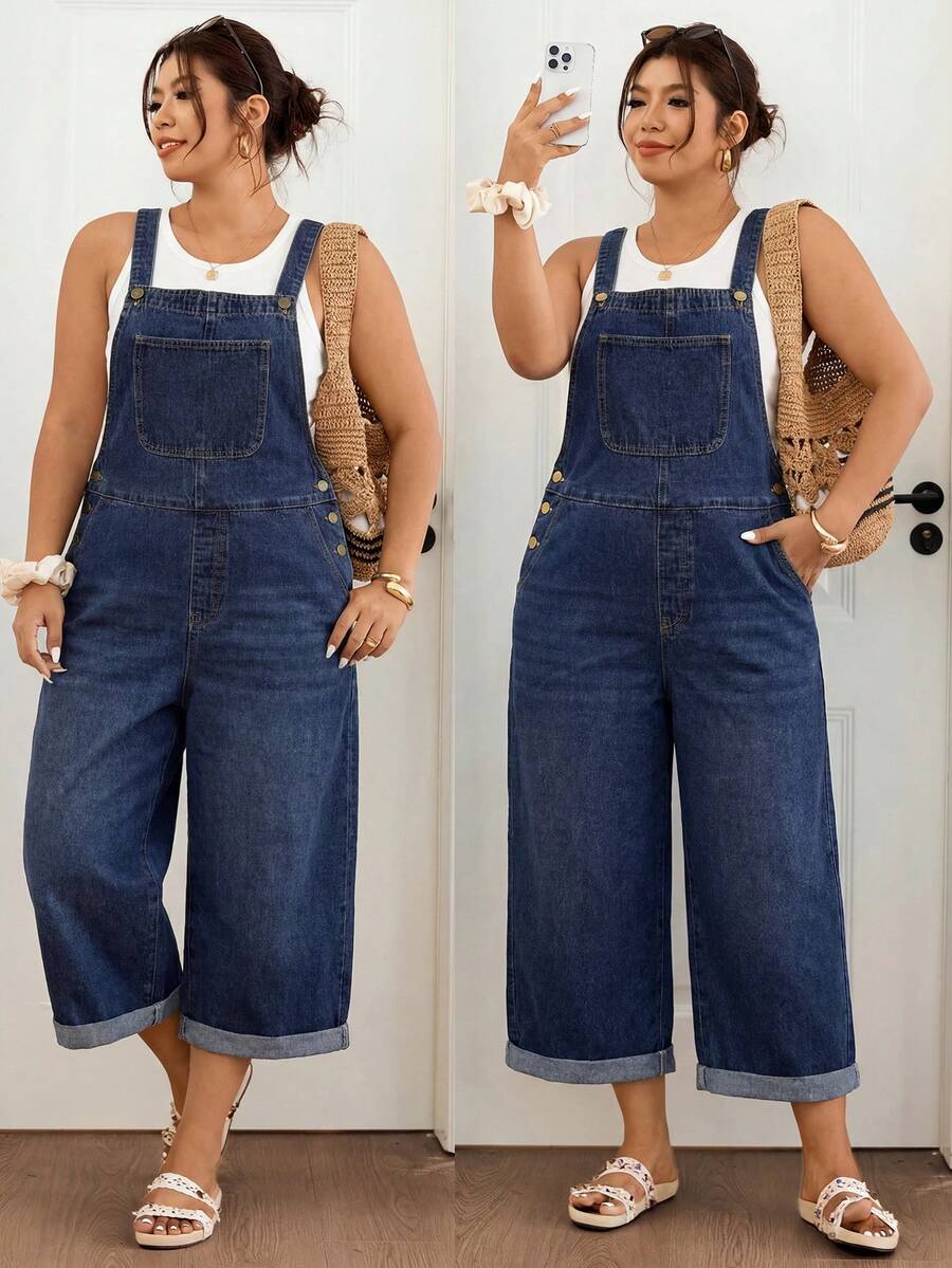 Lounesse Plus Size Dark Wash Denim Capri Overalls, Side Button Detail Cuffed Raw Hem Loose Wide Leg Cropped Jumpsuit,Summer,Fall,Halloween,Back To School,Beach