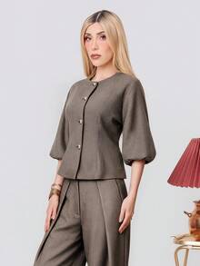 PRISCILA ESCOTO PRISCILA ESCOTO Elegant Retro French Style Women's Romantic Date High-End Design Herringbone Round Neck Cropped Balloon Sleeve Cinched Waist Matel Button Blazer Fall - Multicolor - View 4