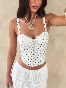 Opulessa Women's Woven Printed Tank Top Vacation Picnic White And Black Polka Dot Summer Romantic 1950 Vintage - Beige - View 3