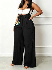 SHEIN Mono de pernera ancha con pliegues y nudo delantero, talla grande, para verano - Negro - Ver 5