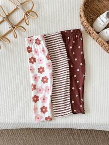 SHEIN Playful Pals 3件組幼童女童內搭褲褲子 可愛棕色粉色白色花朵條紋荷葉邊 常規款 生日派對 秋季 公主風 甜美舒適 芭蕾復古風 - 彩色 - 查看 7