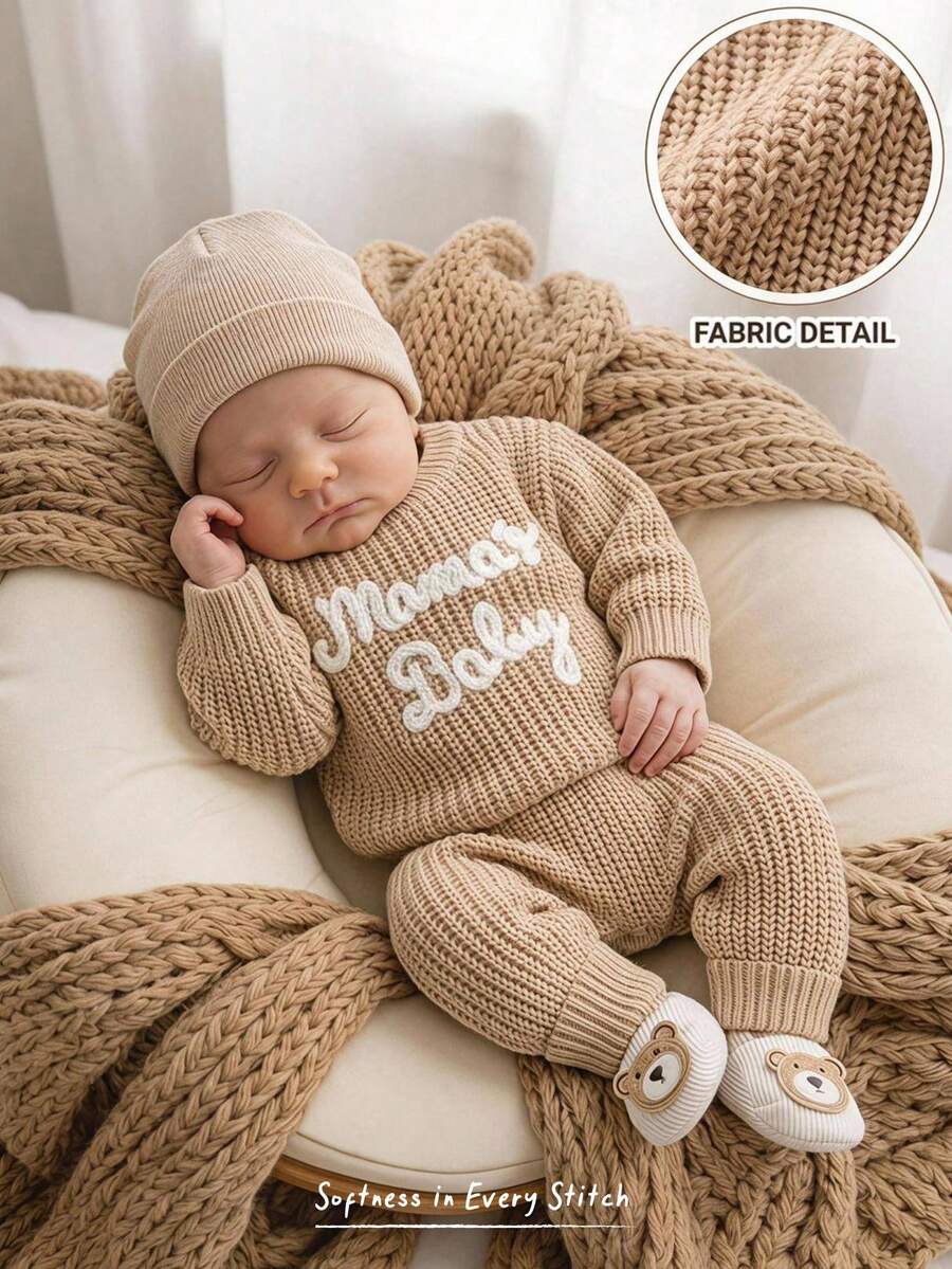 Cozy Pixies 新生兒男嬰女嬰字母圖案針織軟綿圓領長袖套頭上衣秋季上衣彈性腰長褲毛衣 2 件套 - 卡其色 - 查看 1
