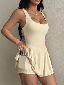 Dewbera Dewbera 1pc Solid Color Skirt Design Women's Sports Dress - Yellow - View 5
