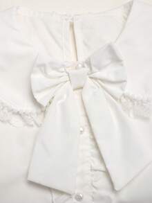 SHEIN 少女寬鬆休閒簡約舒適日常穿著優雅荷葉邊飾前開扣襯衫 - 白色 - 查看 3