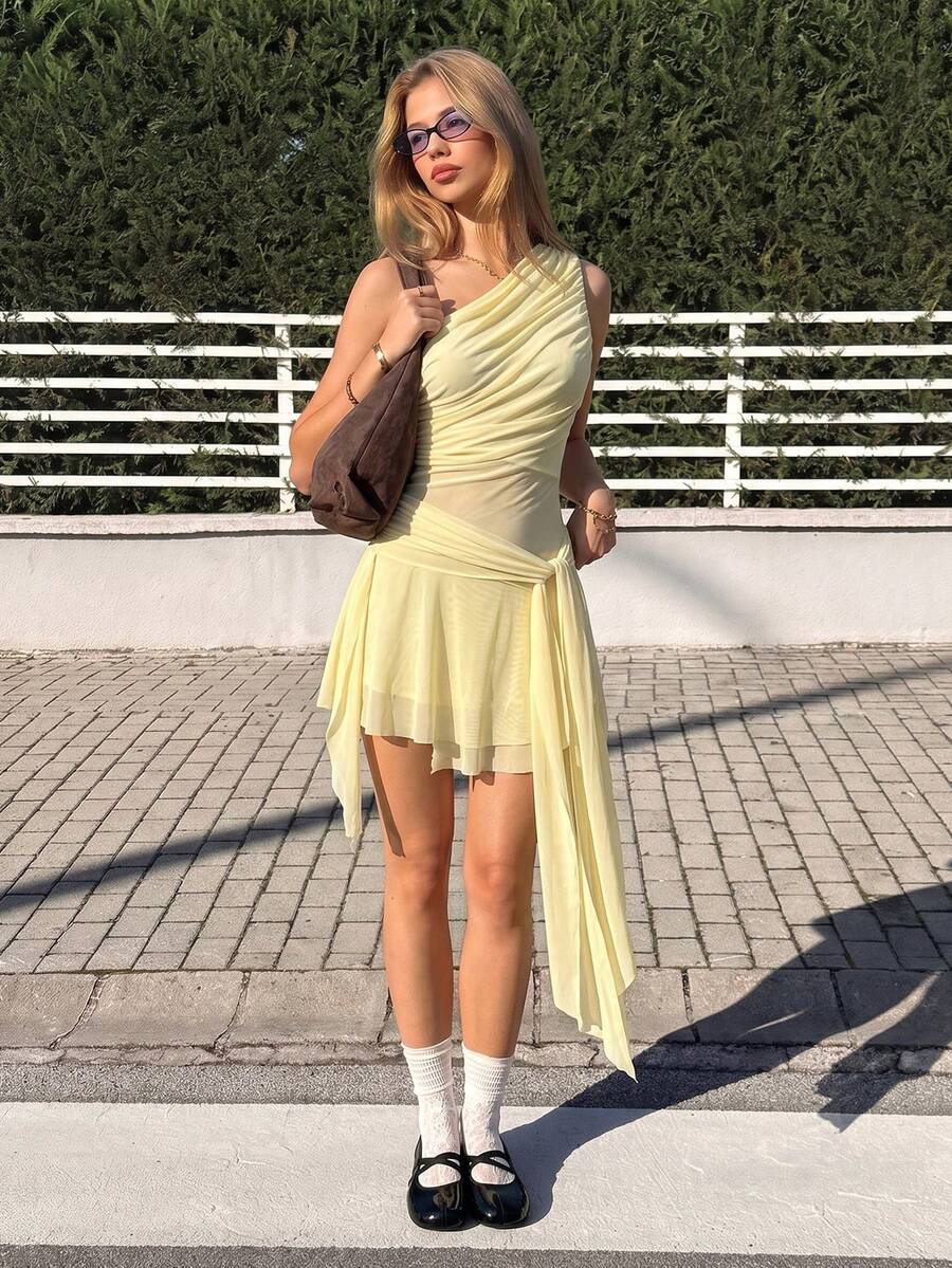 MainGRL Summer Elegant Romantic Sexy Pale Yellow Mesh One Shoulder Dress Vacation Party Garden Party Brunch Dinner Date - Apricot - View 1