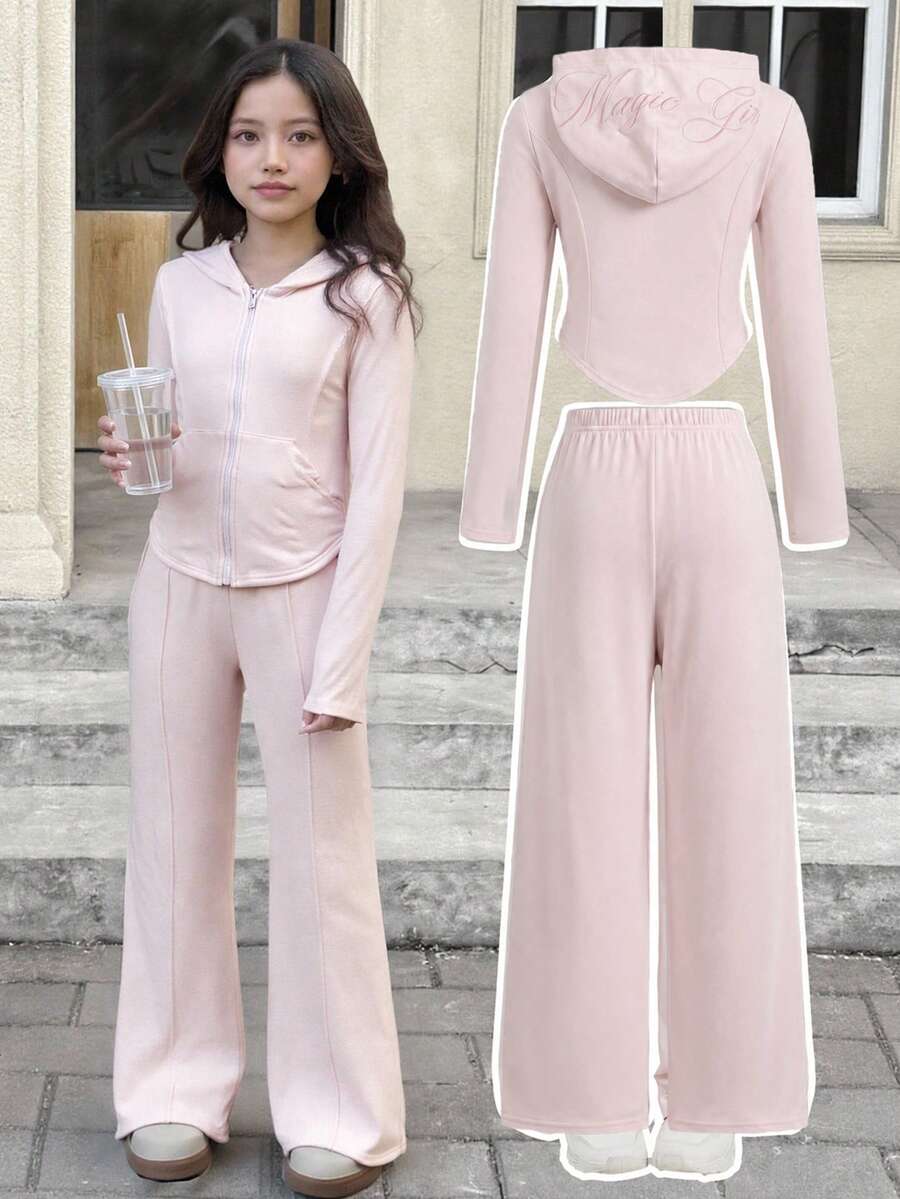 SHEIN Tween女孩秋冬休閒優雅度假風 粉色針織連帽貼布口袋刺繡拉鍊長袖修身夾克與長褲兩件套 - 粉色 - 查看 1