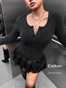Muchica Plus Size Women's Early Autumn Solid Color Washed Distressed Retro 80s 90s Slim Fit Casual Long Sleeve T-Shirt White Formal Vacation Black - Black - View 1