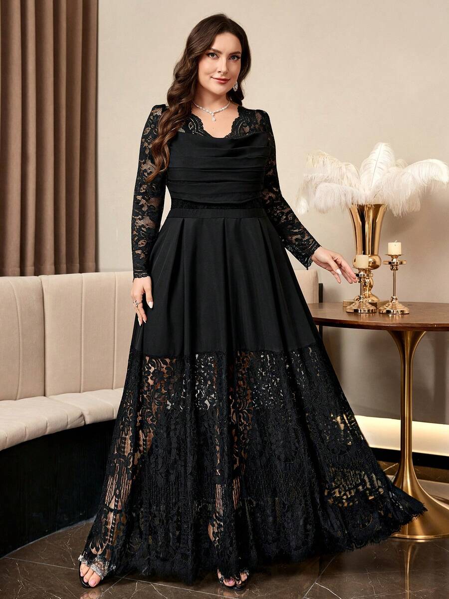 Reflora Plus Size Women's Lace Patchwork Pleated Casual Party Dress - Black - View 1