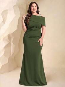 Coutiva Plus Size Women's Solid Color Asymmetrical Neck Short Sleeve Ruched Fishtail Hem Elegant Formal Evening Gown - Olive Green - View 4