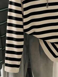 SHEIN EZwear 女款條紋拼色圓領長袖寬鬆T恤，適合夏季 - 彩色 - 查看 5