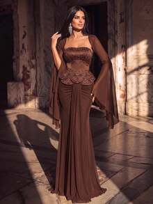 Glamrae Elegant Luxurious Glossy Satin Strapless Fishtail Maxi Dress Rhinestone Embellishments Handmade Beading Novel Design High Wedding Brown Winter - Coffee Brown - View 2