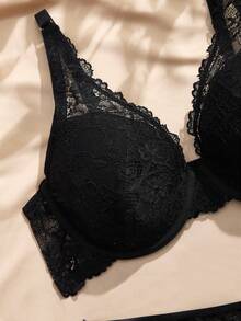Charlaine French Sexy Plus Size Lingerie Set, Lace & Cotton Underwire Bra, Minimizing Effect For Large Bust, Lace Triangle Panty With Pure Cotton Crotch, 2-Piece Set - Black - View 3