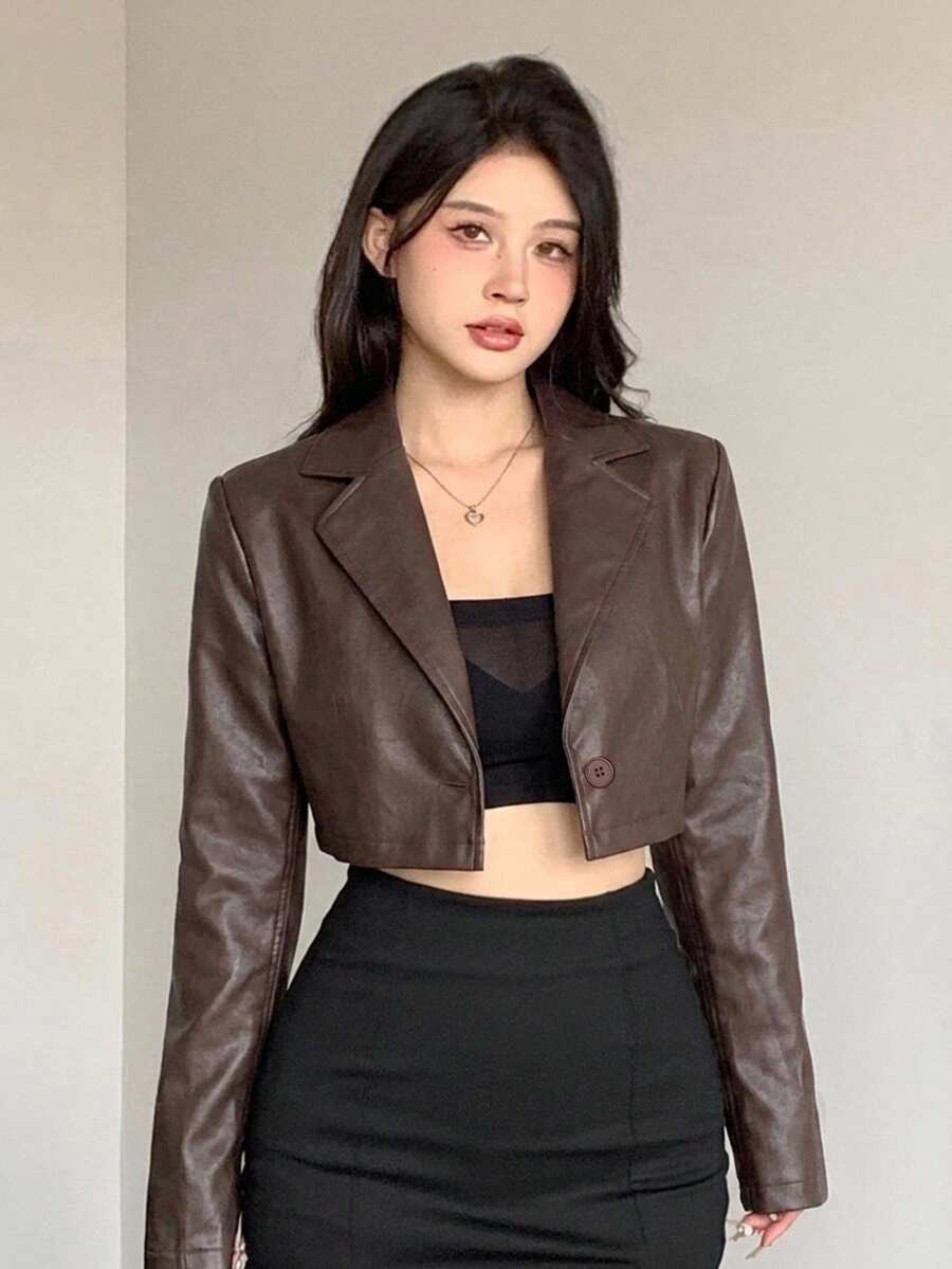Joudiya 女款棕色PU皮革機車夾克,休閒街頭風戶外短夾克,秋季 - 棕色 - 查看 1