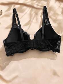 Charlaine Bra Berkawat Renda Katun Ukuran Plus Seksi Prancis, Minimizer untuk Payudara Besar, 1 buah Hitam Musim Panas - Hitam - View 3