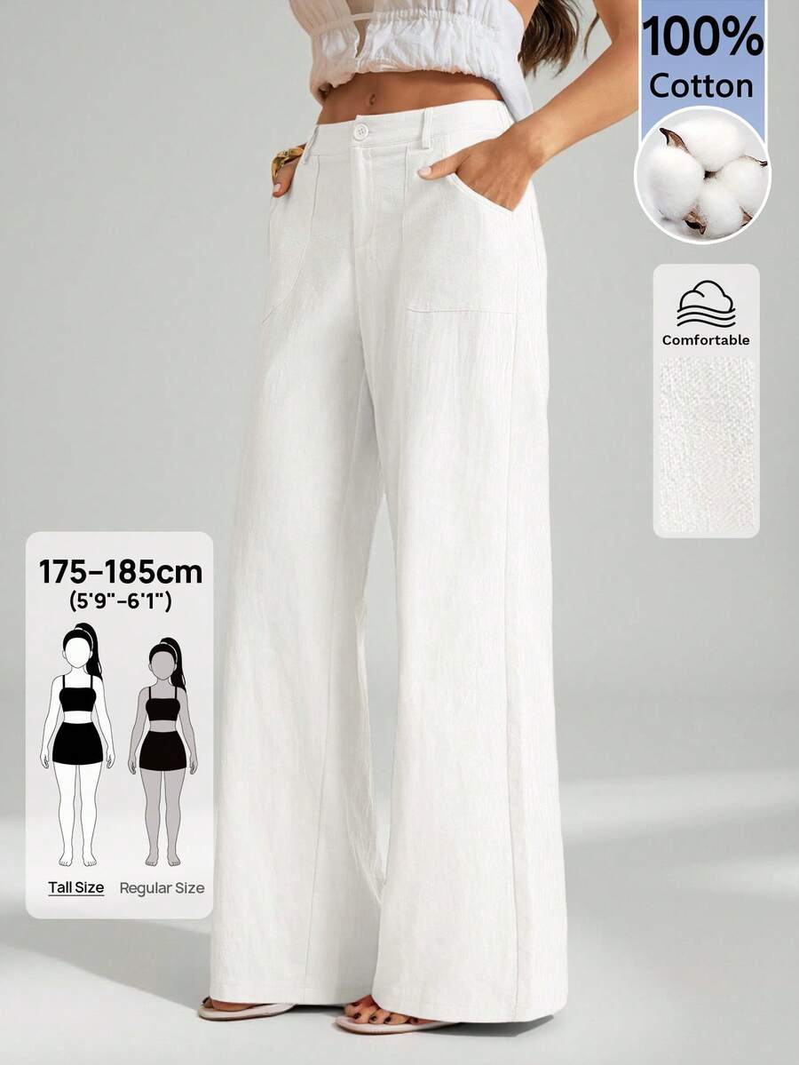 SHEIN Tall 100%水洗棉低腰直筒長褲,適合高個女性 - 白色 - 查看 1