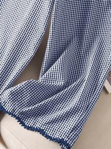 CosyJoli Plus Size Women's Drawstring Waist Plaid Casual Daily Wide Leg Pants Fall - Navy Blue - View 3