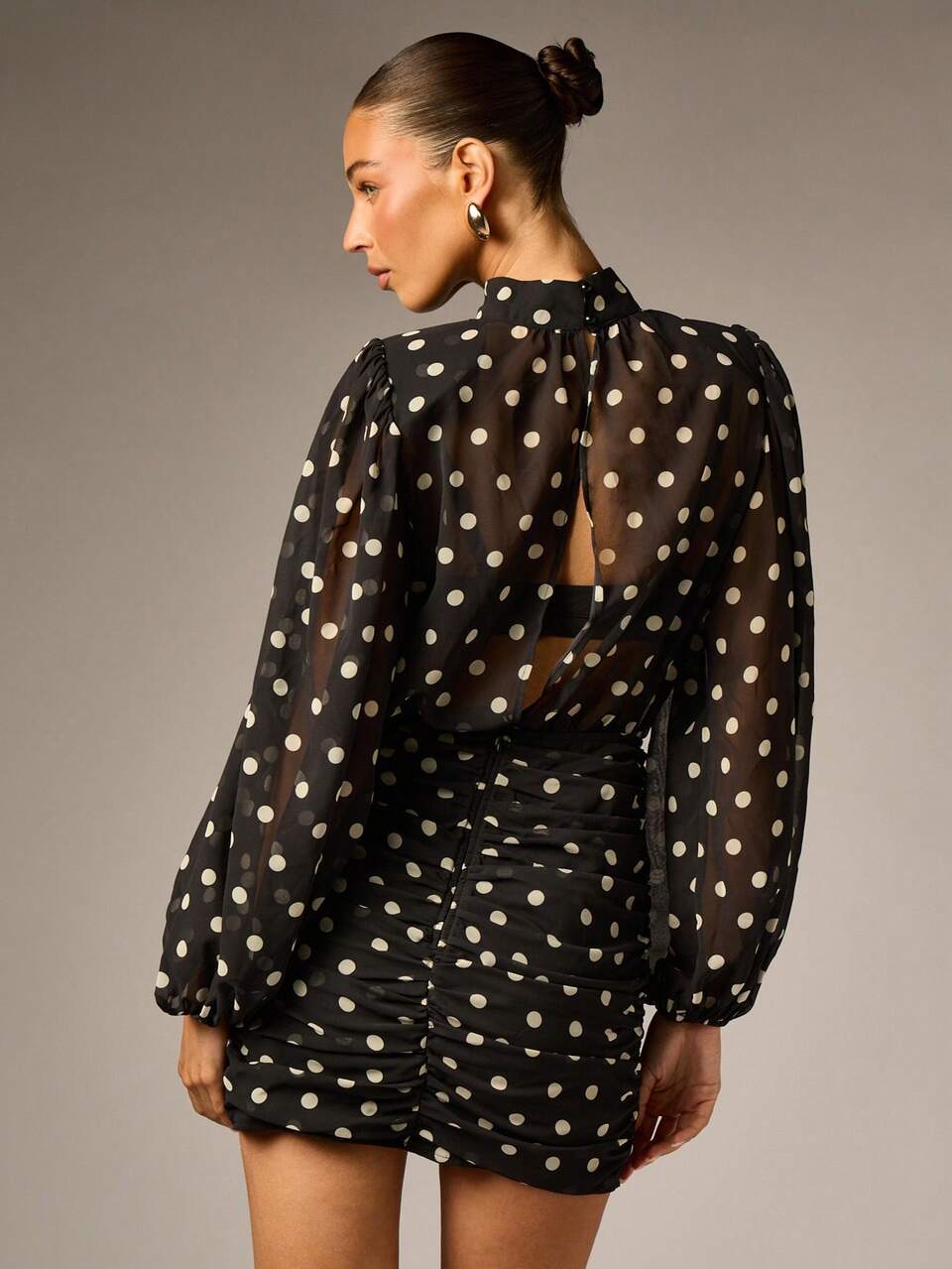 AiiRZ Sheer Chiffon Polka Dot Mini Dress With Ruched Skirt