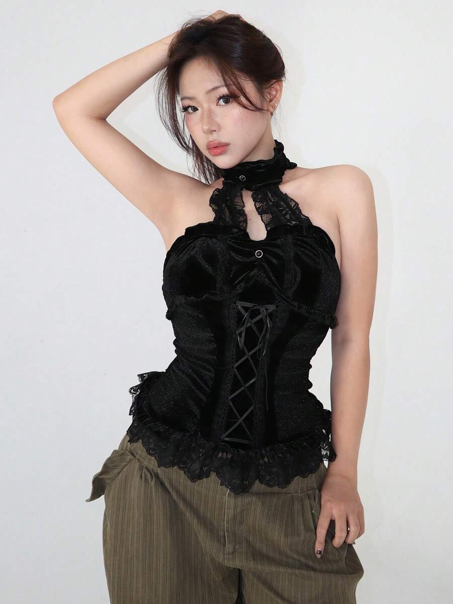 Fairycore ROMWE X Isabelle Nguyen 春夏哥德風優雅立領天鵝絨拼接蕾絲綁腰女款細肩帶背心 - 黑色 - 查看 1