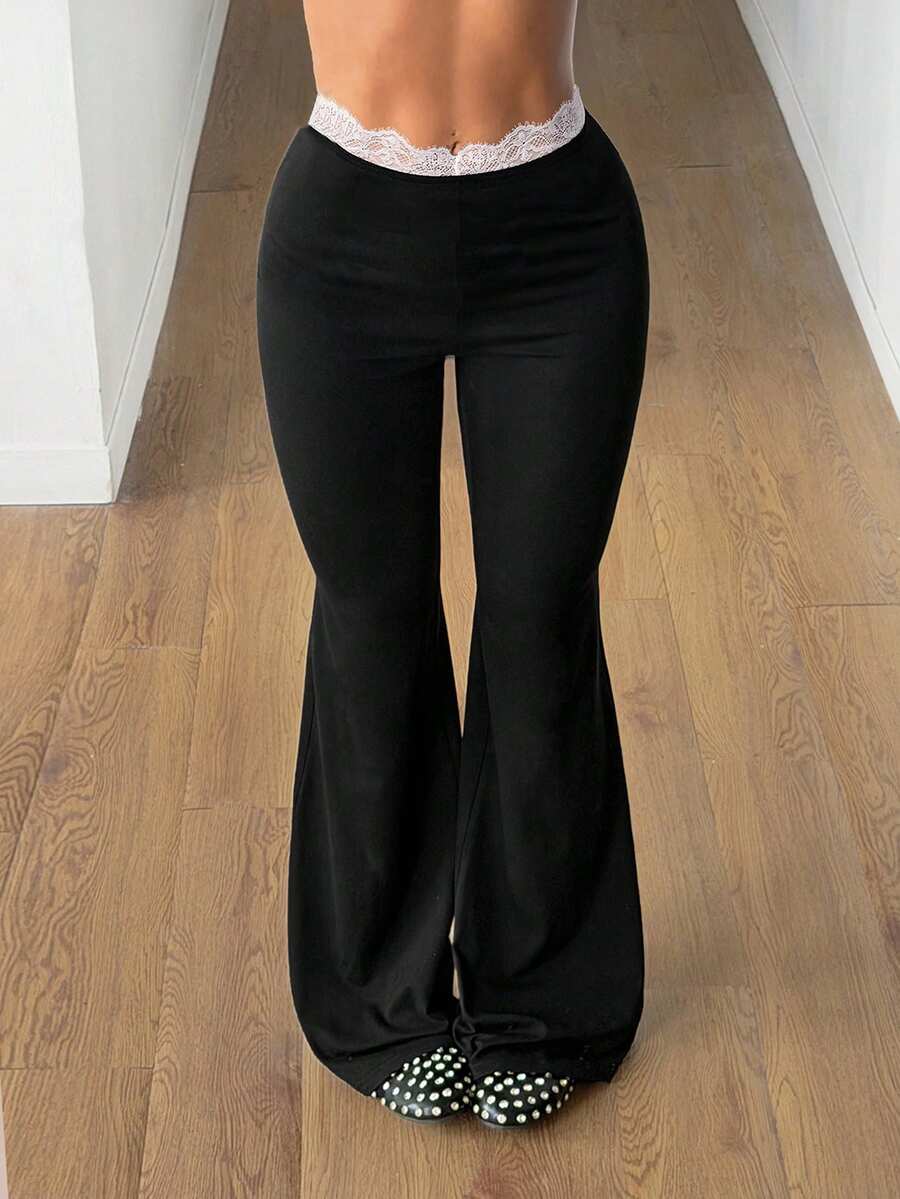 Coolane Women's Lace Patchwork Flare Pants - Black - View 1