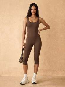 Silquee Women's Solid Color Tank Top Style Capri Length Sports Jumpsuit Gym Dark Brown Summer Athleisure Yoga Outfit Going Out Party Minimalist Activewear - Coffee Brown - View 7