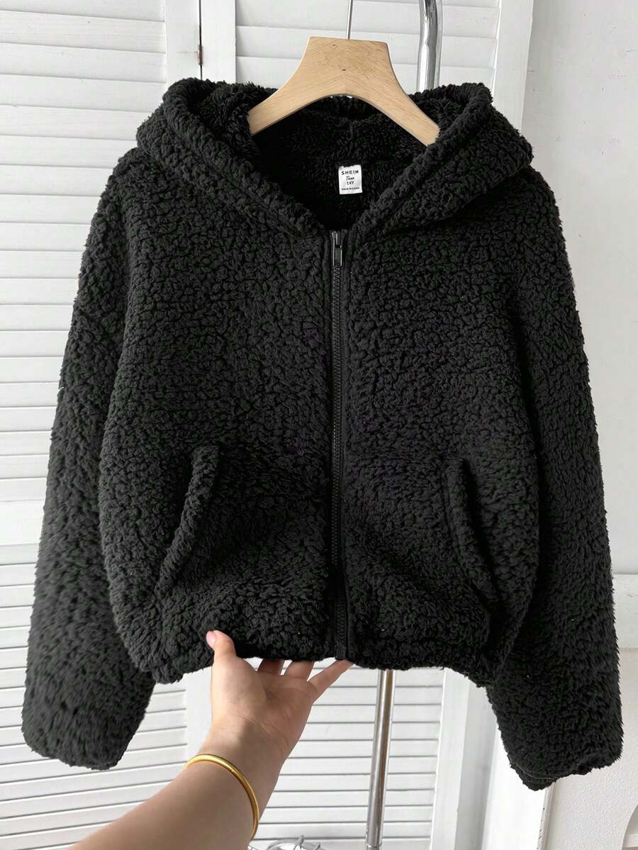 SHEIN 青少年女孩秋冬新款黑色雙面抓絨短款寬鬆休閒連帽外套 - 黑色 - 查看 1