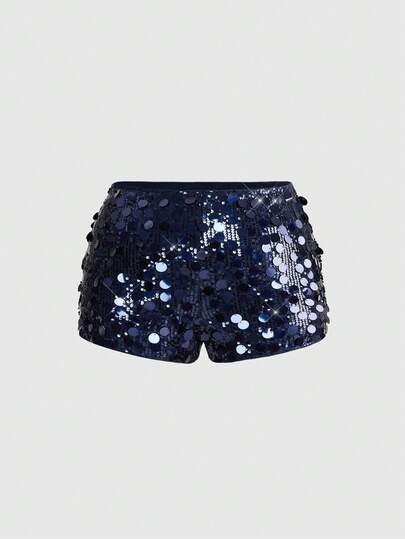 Grunge Punk Shorts sexy de cintura baja elásticos negros con lentejuelas y cuentas brillantes para festival de música, baile y fiesta, talla grande para mujer
