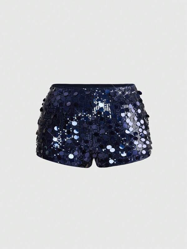ROMWE Grunge Punk Sexy Low Waist Elastic Black Sequin Beaded Shiny Music Festival Dance Party Plus Size Shorts For Women