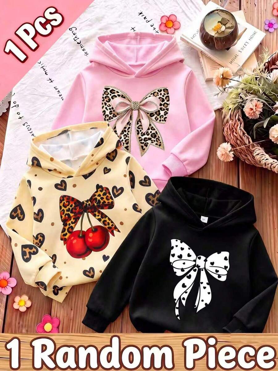 Randomly Ships 1 Of 3, Young Girls Casual Cute Leopard Print Cherry And Bow Pattern Hooded Sweatshirt, Suitable For Autumn/Winter Daily Wear, Comfortable And Cozy - Multicolor - View 1