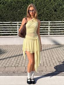 MainGRL Summer Elegant Romantic Sexy Pale Yellow Mesh One Shoulder Dress Vacation Party Garden Party Brunch Dinner Date - Apricot - View 3