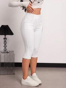 SHEIN Tall 女款休閒百搭純色修身短版牛仔褲 - 白色 - 查看 5