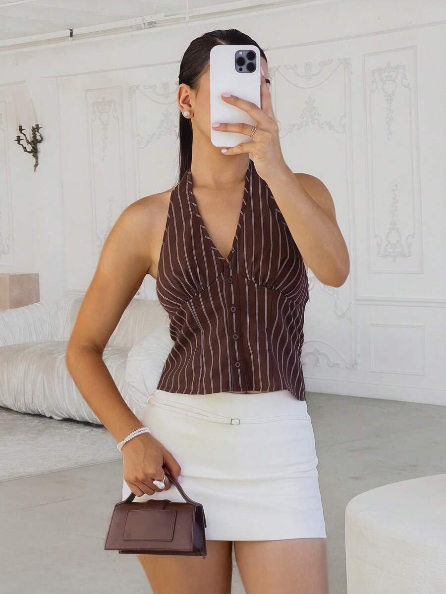 Andrea Bello 女款棉質條紋立領單排扣薄款西裝上衣，休閒風，四季皆宜