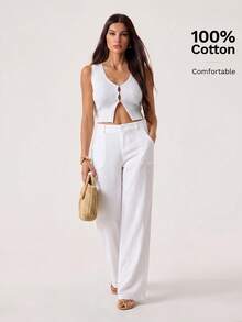 SHEIN Tall 100%水洗棉低腰直筒長褲 - 白色 - 查看 2