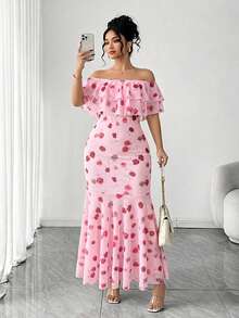 Rometta Plus Size Off-Shoulder Ruffle Elegant Commuter Lace Bodycon Maxi Dress - Pink - View 12