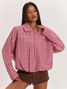 SHEIN BAE 女款格紋休閒百搭日常長袖夾克 - 紅色 - 查看 7