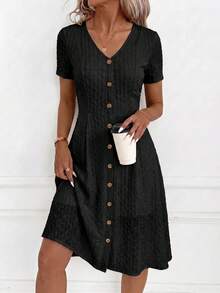 SHEIN Clasi Jacquard Front Button Dress, Suitable For Daily Wear - Black - View 5