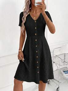 SHEIN Clasi Jacquard Front Button Dress, Suitable For Daily Wear - Black - View 6
