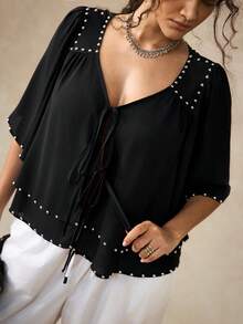 SHEIN LUNE Plus Size Women's Studded Decor Casual Boho Elegant Daily Wear Shirt Brunch Date Night Black Summer Formal Vacation - Black - View 1