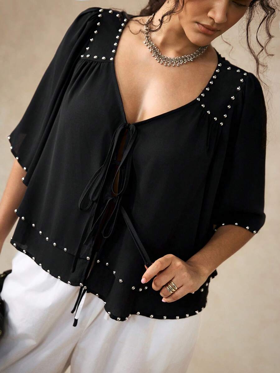 SHEIN LUNE Plus Size Women's Studded Decor Casual Boho Elegant Daily Wear Shirt Brunch Date Night Black Summer Formal Vacation - Black - View 1